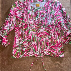 Ruby Rd Women 24 Pink Green Tropical Long Sleeve Roll Tab Drawstring Blazer (V)‎
